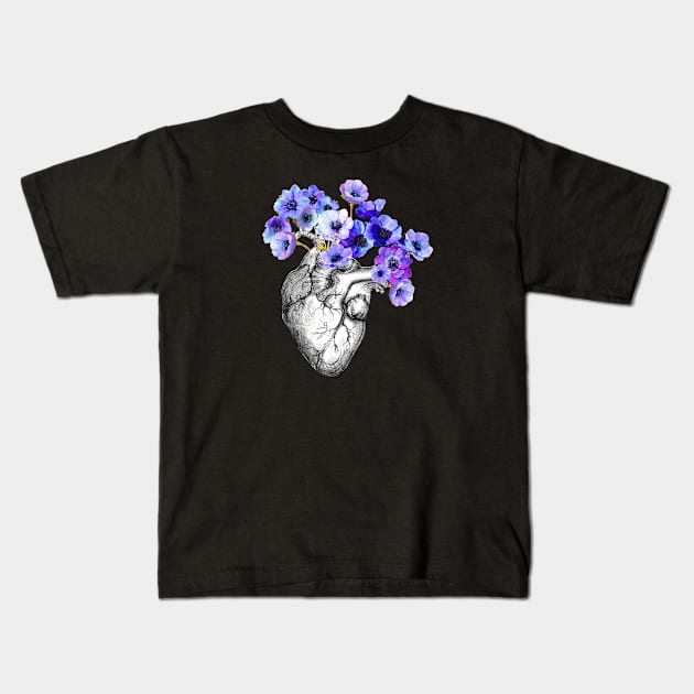 Blue Anemones Heart Human Anatomy Kids T-Shirt by Collagedream